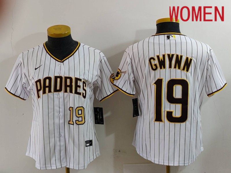 Women San Diego Padres #19 Gwynn White Stripe Game 2024 Nike MLB Jersey style 2->women mlb jersey->Women Jersey